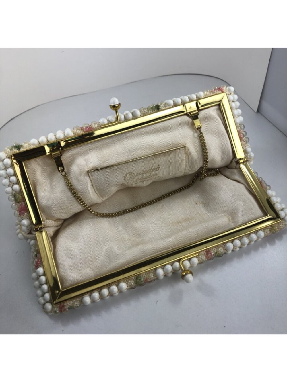 Vtg Embroidered Floral Beaded Clutch Purse Grandee’ Bead USA opt. Chain Handle - Picture 4 of 9
